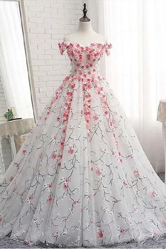 Off Shoulder Lace Applique Evening Prom Dresses, Cheap Custom Sweet 16 Dresses M1633