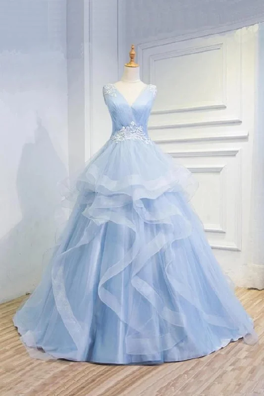 Puffy V Neck Sleeveless Tulle Prom Dress with Appliques, Long Quinceanera Dress M1907