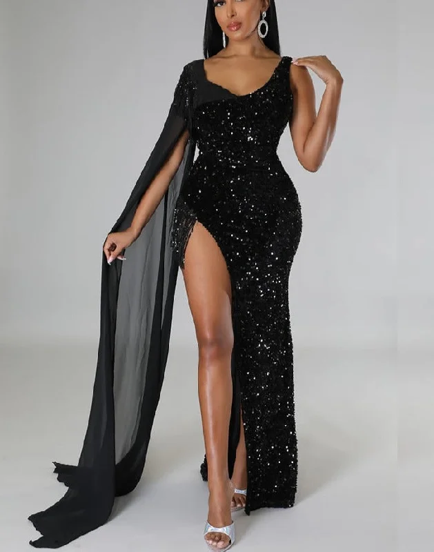 Sequin One Sleeve Drape Tassel Maxi Dresses