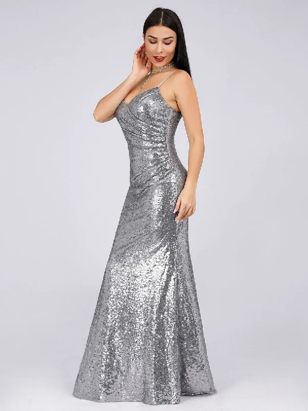 Sexy Spaghetti Straps Fishtail Sequin Wholesale Evening Gowns