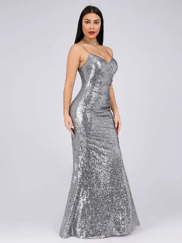 Sexy Spaghetti Straps Fishtail Sequin Wholesale Evening Gowns