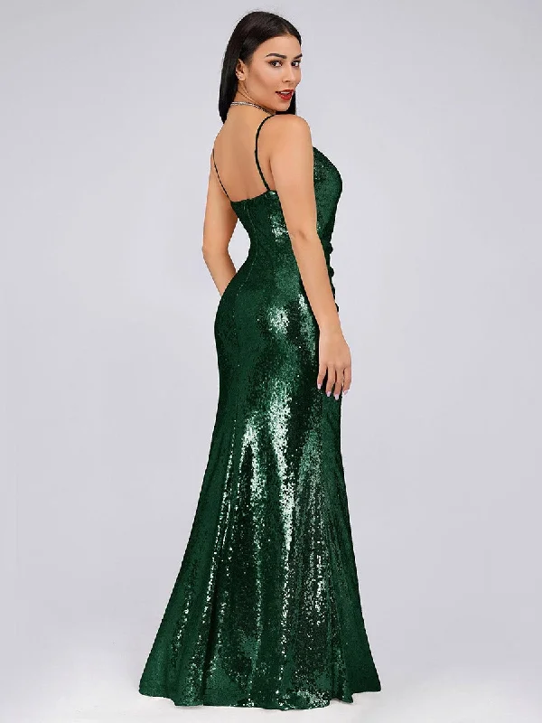 Sexy Spaghetti Straps Fishtail Sequin Wholesale Evening Gowns