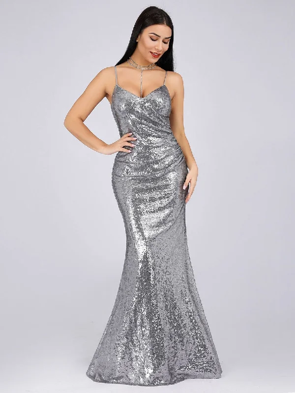 Sexy Spaghetti Straps Fishtail Sequin Wholesale Evening Gowns