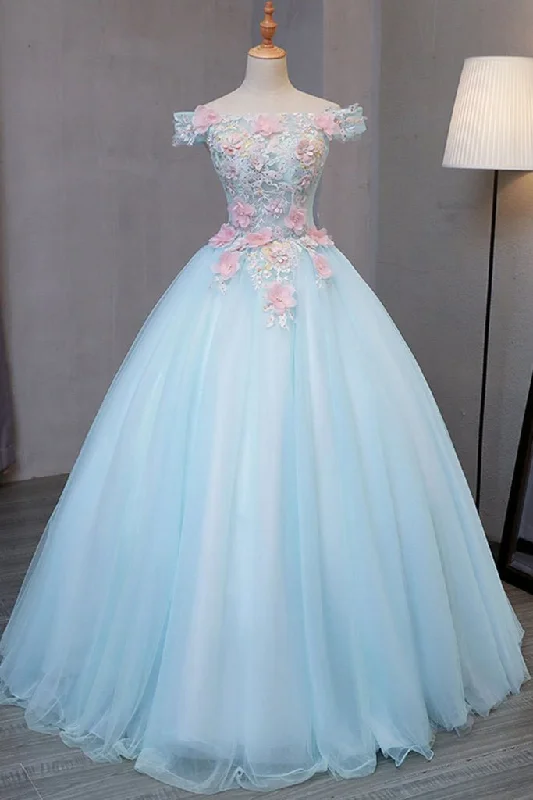 Sky Blue Tulle Princess Off Shoulder Long Prom Dress, Quinceanera Dressses with Flowers M1763