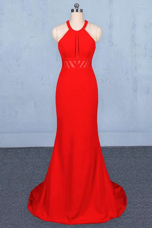 Stylish Halter Mermaid Prom Dress, Red Mermaid Open Back Long Evening Dresses M1857