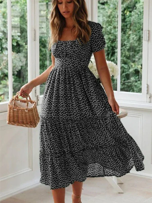 Vestidos Vintage Print Puff Sleeve Beach Sweet Square Floral Maxi Long Festa Midi Dresses