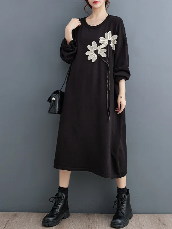 Women's Beauty Knitted Sweater Flower Midi Dress