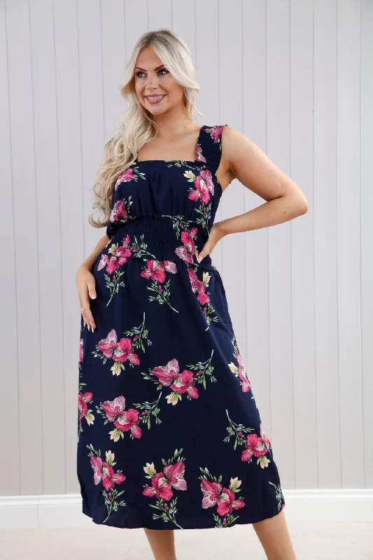 Navy Iris Floral Shirred Dress