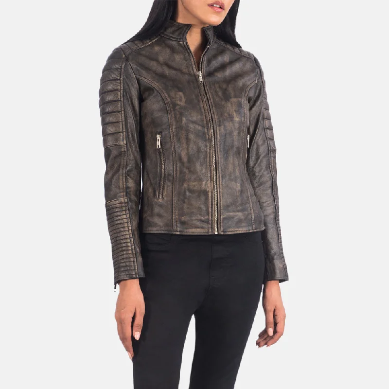 Adalyn Quilted Distressed Brown Leather Biker Jacket