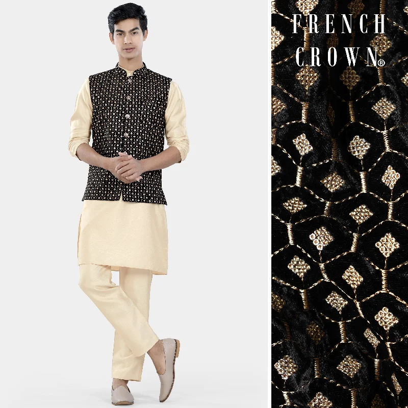 Almond Brown Kurta Set with Jade Black and Fawn Brown Hexagon Thread and Sequin Embroidered Designer Nehru Jacket