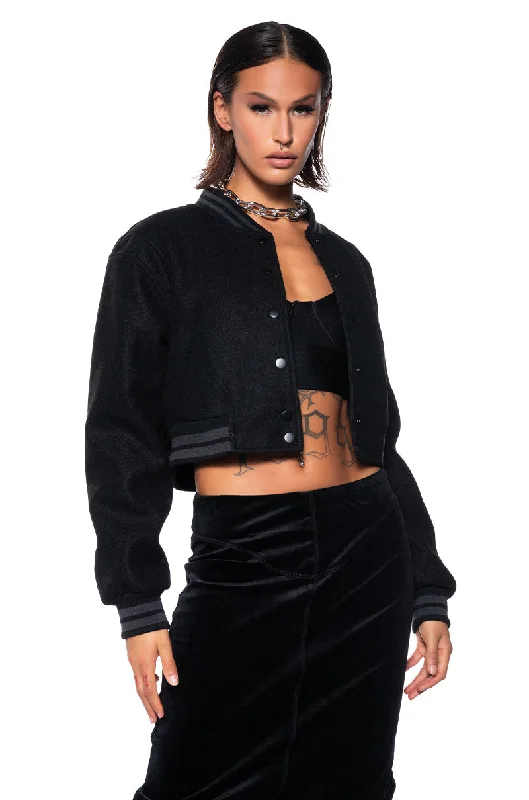 AZALEA WANG EVERYDAY CROPPED VARSITY BOMBER IN BLACK