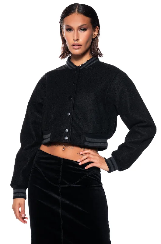 AZALEA WANG EVERYDAY CROPPED VARSITY BOMBER IN BLACK