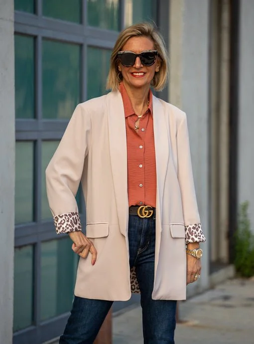 Beige Oversized Long Blazer With Leopard Lining