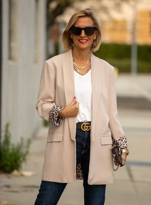 Beige Oversized Long Blazer With Leopard Lining