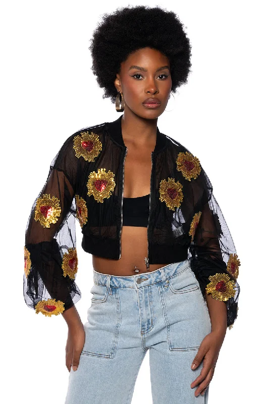 BELLA HEART EMBELLISHED MESH CROP BOMBER