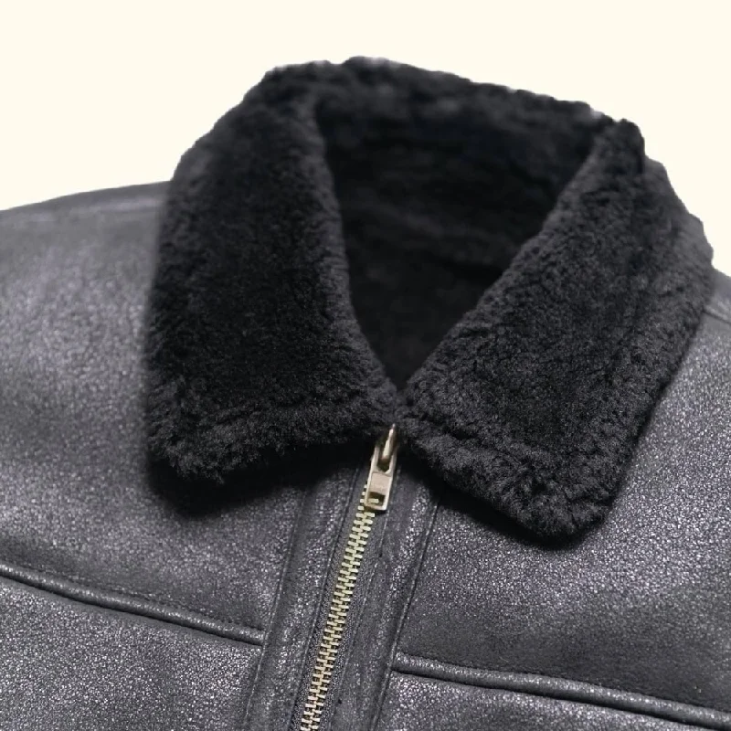 Shearling Leather Bomber Jacket | Black