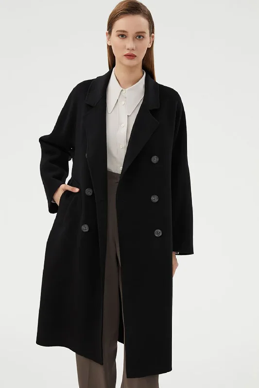 Black Slim Simple Long Woolen Coat with Double Breasted