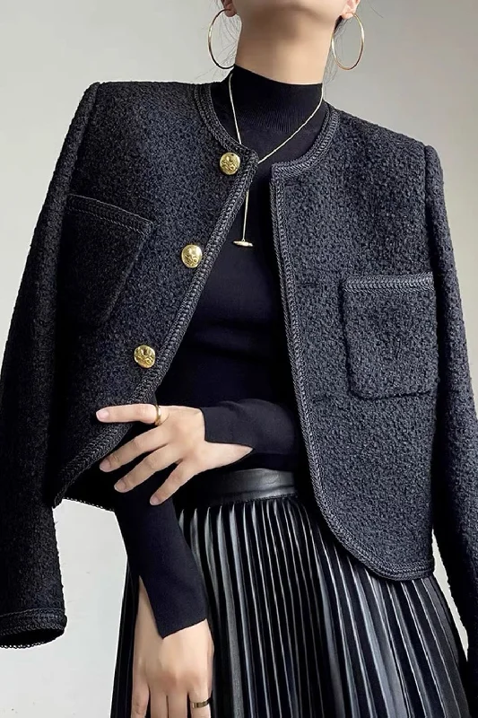 Black Tweed Shawl Lapel Cropped Women Coat