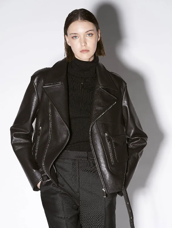 Blouson biker oversize en cuir noir