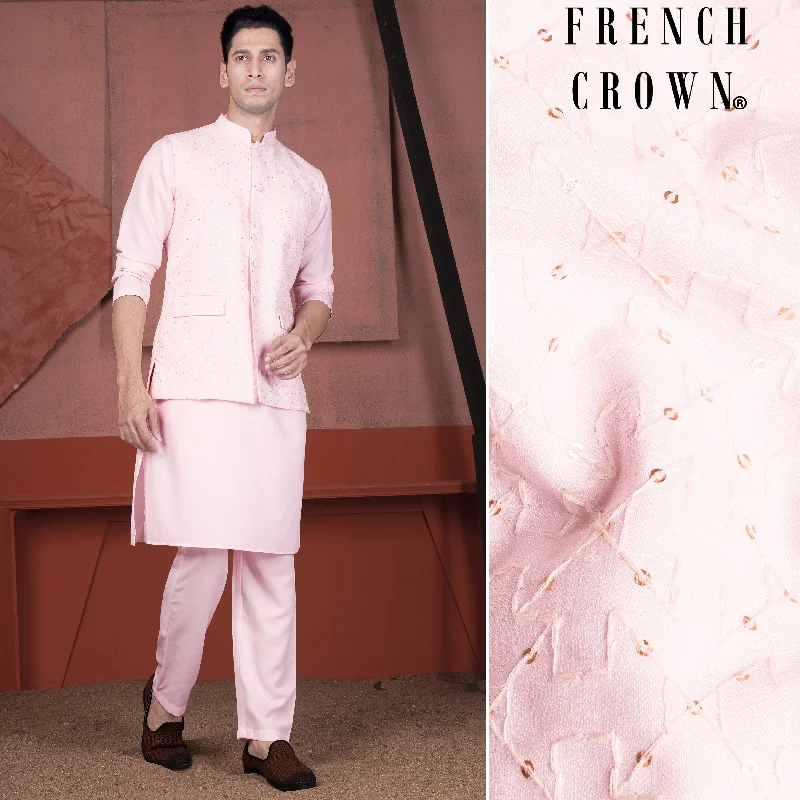 Blush Pink Viscose Embroidered With Tikki Work Designer Kurta With Nehru Jacket