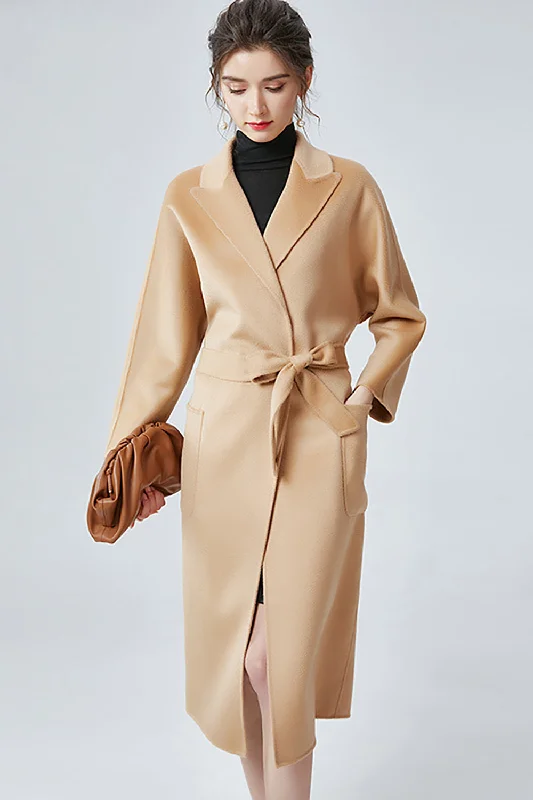 Camel Notched Lapel Cashmere Coat with Belt