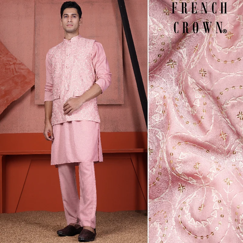 Careys Pink Viscose Kurta With Circular Cotton Thread Embroidered Designer Nehru Jacket