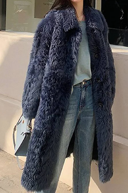 Casual Single Breasted Long Overcoat Faux Fur Lapel Collar Coat