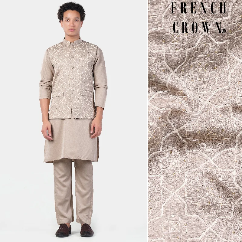 Chalice Brown Subtle Sheen Viscose Kurta Set with Trellis Pattern Thread and Sequin Embroidered Designer Nehru Jacket