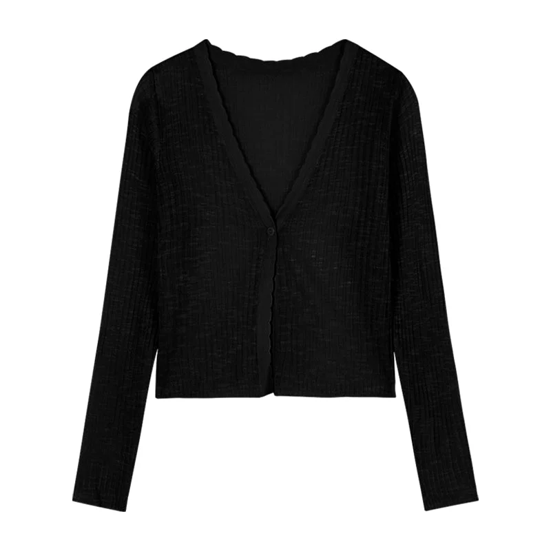 Chantelle Solid Color Ribbed V-Neck Long-Sleeved Knitted Cardigan Button Up Top