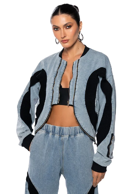 CURVE EFFECT RIB DENIM BOMBER