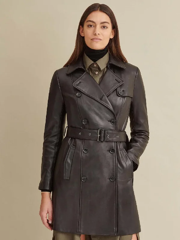 Double-Breasted Belted Leather Trench Coat