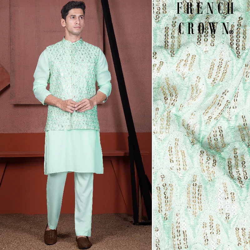 Edgewater Green Viscose Embroidered with Tikki Work Designer Kurta with Nehru Jacket