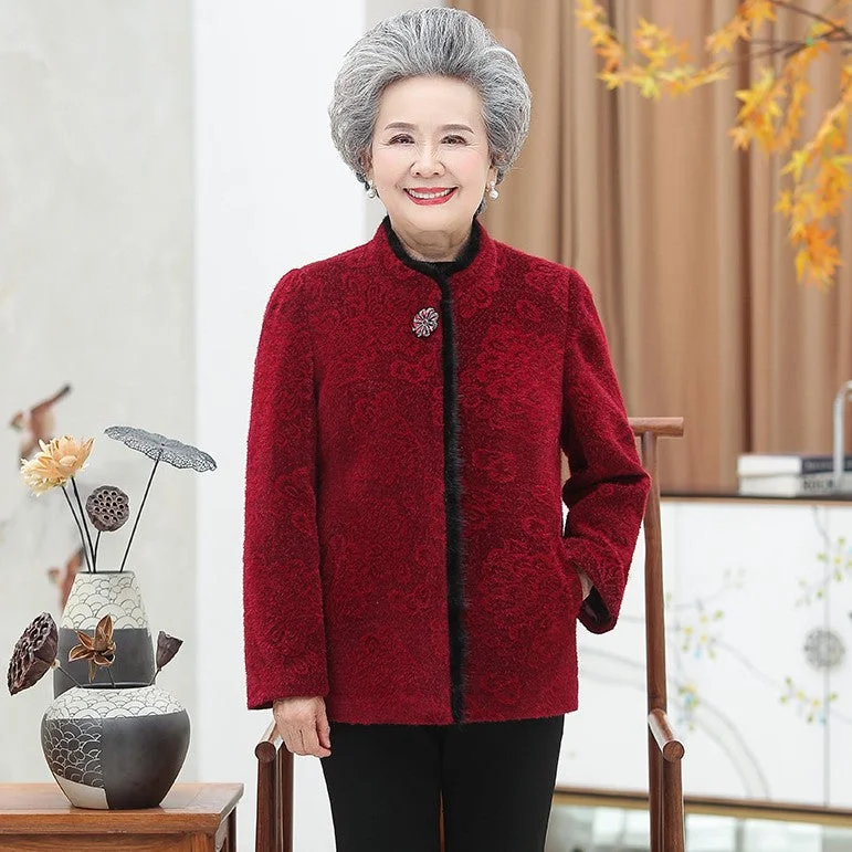 Floral Mink Cashmere Tang Suit Traditional Chinese Jacket Mother's Coat