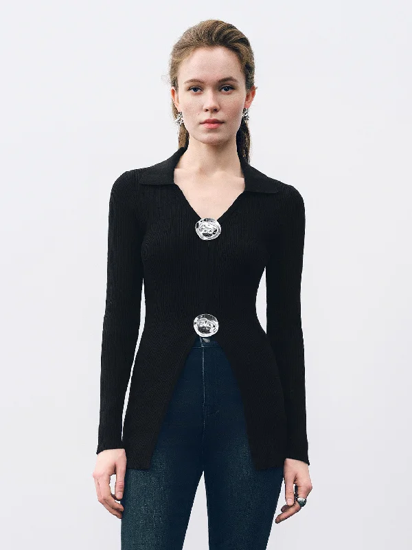 Fluid Metal Buttons Skinny Knitted Cardigan