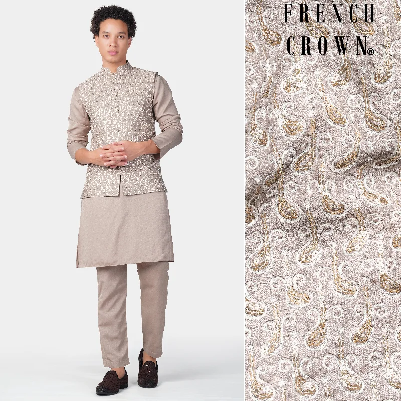 Foggy Brown Subtle Sheen Viscose Kurta Set With Paisley Pattern Thread and Sequin Embroidered Designer Nehru Jacket