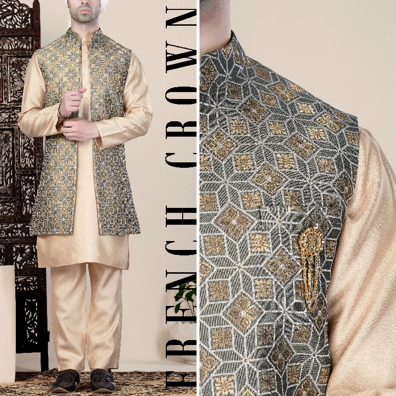 Friar Gray and Pavlova Brown Geometric Pattern Jacquard Weave Long Open Koti with Kurta Set