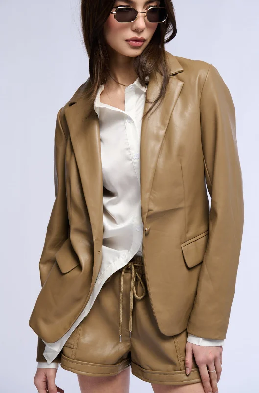 GIRL BOSS SOFT FAUX LEATHER BLAZER IN BROWN