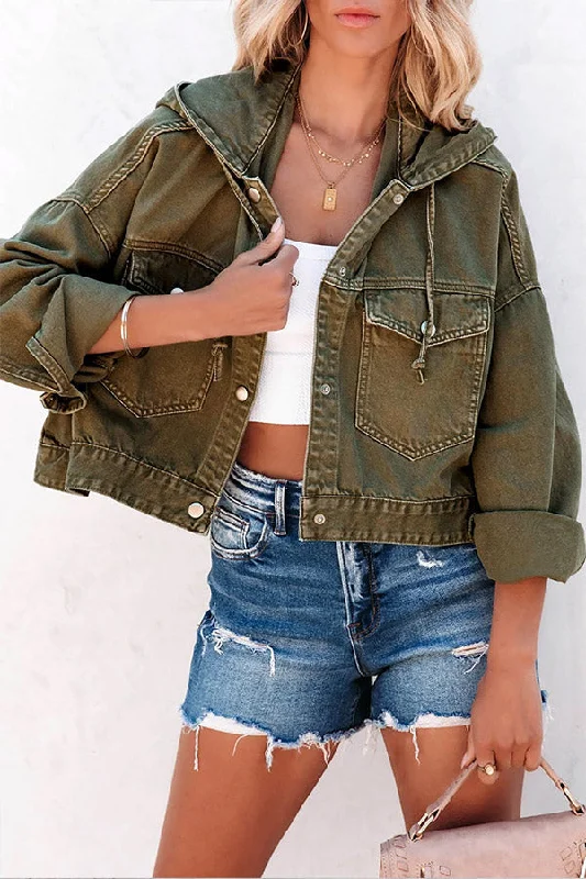 Green Large Pockets Casual Hooded Cropped Denim Jacket