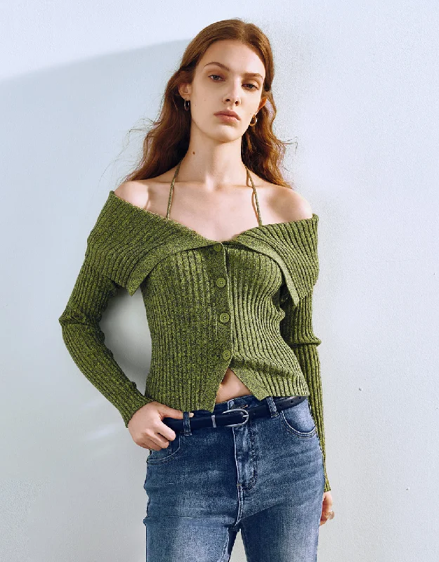 Halter Neck Off-Shoulder Knitted Cardigan