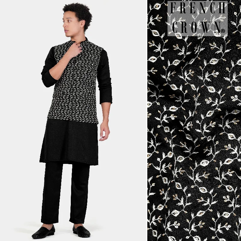 Jade Black Subtle Sheen Viscose Kurta Set With Ditsy Pattern Thread and Sequin Embroidered Designer Nehru Jacket