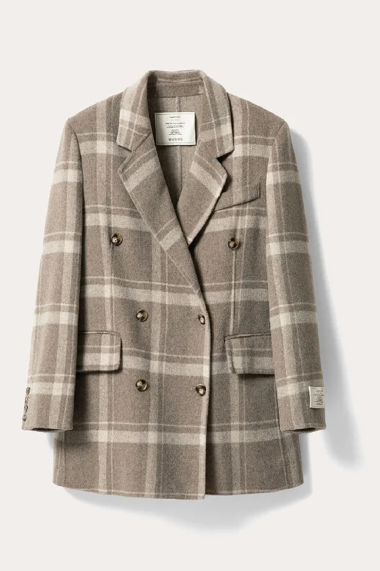 Khaki Plaid Notched Lapel Double Breasted Women Wool Coat