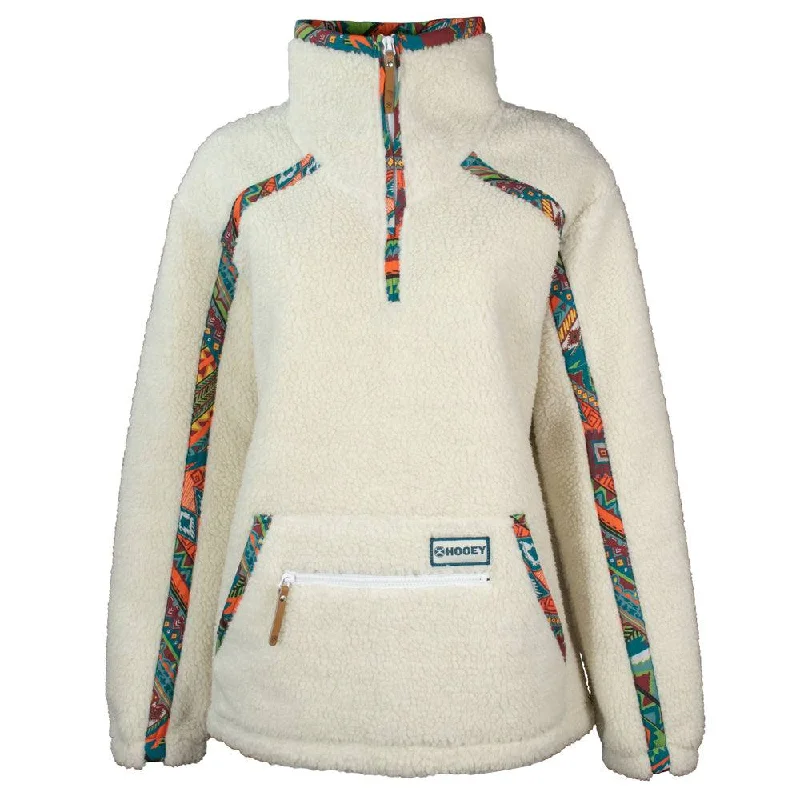 ""Ladies Sherpa Pullover"" Cream w/Multi Color Aztec Pattern Accents