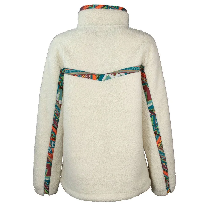 ""Ladies Sherpa Pullover"" Cream w/Multi Color Aztec Pattern Accents