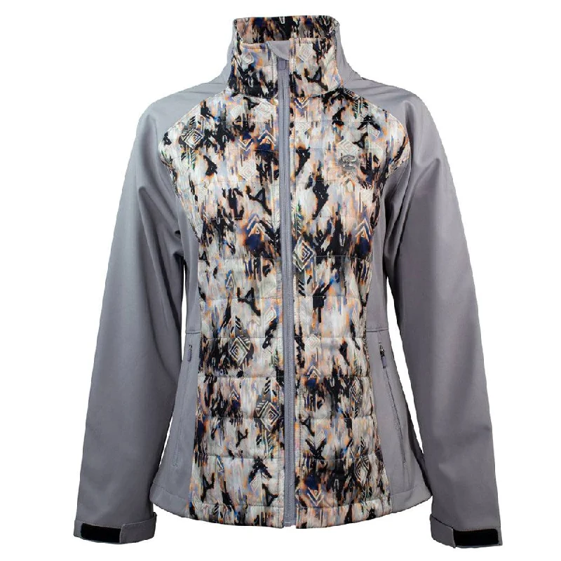 ""Ladies Softshell Jacket"" Grey w/Cream/Black Aztec Pattern