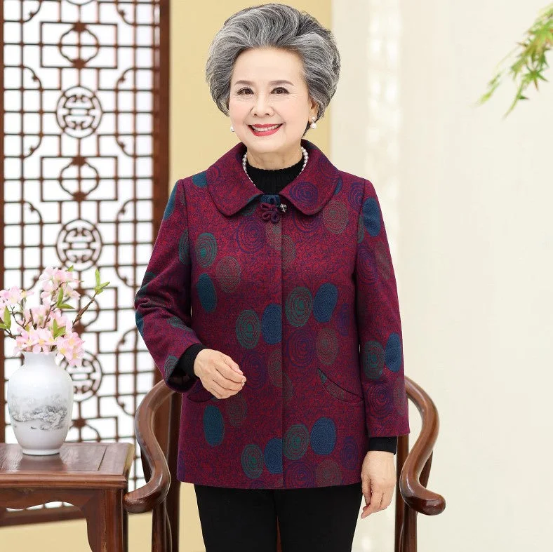 Lapel Collar Geometry Embroidery Woolen Tang Suit Traditional Chinese Jacket Mother's Coat