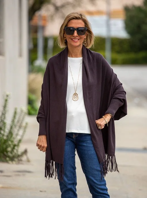 Licorice Lightweight Shrug Cardigan With Fringe