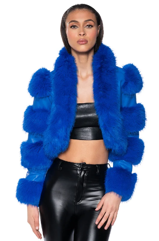 LOVERBOY FAUX FUR MOTO JACKET IN BLUE