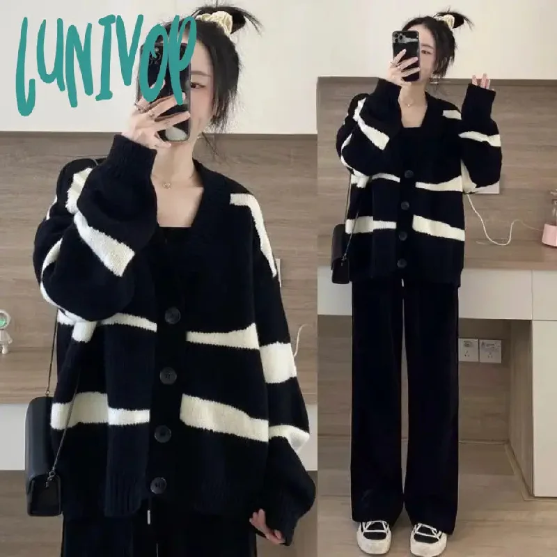 Lunivop Autumn and Winter Women's V-neck Button Patchwork Striped Cardigan Loose Sweater Fashion Casual Elegant Long Sleeve Tops