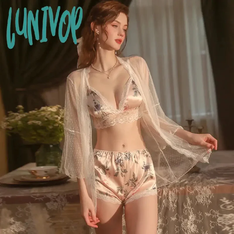 Lunivop Sexy Women Spring Summer Nightgown Sexy Lace Temptation Three-point Temptation Mesh Cardigan Robe Home Clothes Suit