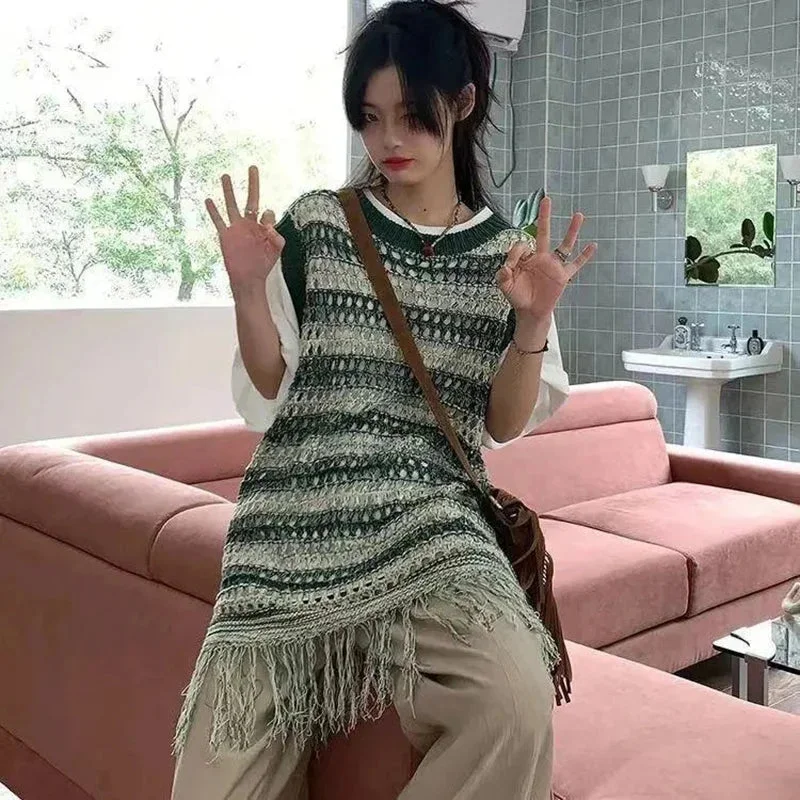 Lunivop Sleeveless Knitted Vest Women Striped Hollow Out Tassel Sweaters Vintage Harajuku Casual Outwear Korean Loose Jumpers Coat